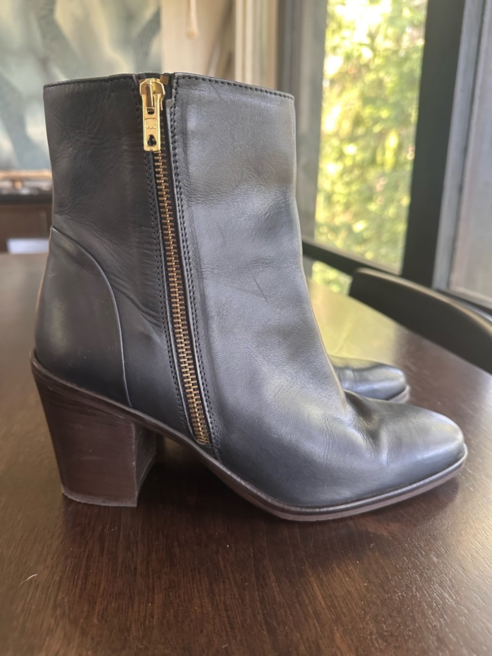 J. Crew Black Leather Ankle Boots stacked wood heel with Gold Zip 8.5 - Picture 3 of 8